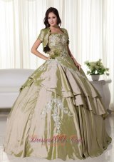 Puffy Olive Green Ball Gown Strapless Floor-length Taffeta Appliques Quinceanera Dress