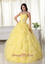 Puffy Yellow Ball Gown Sweetheart Neck Floor-length Organza Appliques Quinceanera Dress