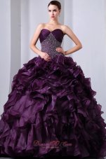 Puffy Dark Purple A-Line / Princess Brush Train Sweetheart Beading and Ruffles Quinceanea Dress Organza