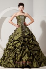 Puffy Beautiful Olive Green A-line / Princess Strapless Sweet 16 Dress Brush Train Taffeta Beading