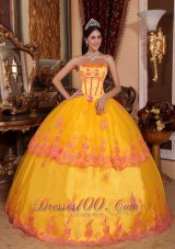 2013 Classical Yellow Quinceanera Dress Strapless Organza Lace Appliques Ball Gown