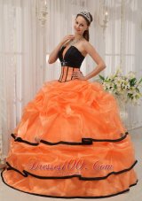 2013 Pretty Orange and Black Quinceanera Dress Strapless Satin and Organza Beading Ball Gown