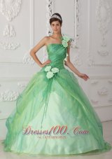 2013 Affordable Apple Green Sweet 16 Dress One Shoulder Organza Beading and Hand Flower Ball Gown