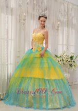 2013 Brand New Yellow and Blue Quinceanera Dress Strapless Tulle Beading and Ruch Ball Gown
