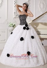 2013 Remarkable White and Black Quinceanera Dress Strapless Special Fabric Sequins and Hand Made Flowers Ball Gown