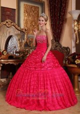 2013 Luxurious Red Quinceanera Dress Strapless Fabric With Roling Flowers Beading A-line
