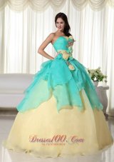 2013 Apple Green and Yellow Ball Gown Strapless Floor-length Organza Beading Quinceanera Dress