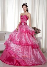 2013 Hot Pink Ball Gown Sweetheart Floor-length Taffeta and Organza Beading and Hand Made Flower Quinceanera Dress