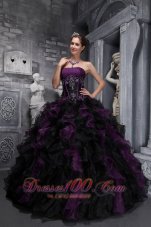 2013 Exclusive Dark Purple and Black Quinceanera Dress Strapless Taffeta and Organza Appliques and Ruffles Ball Gown