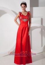 Best Pretty Red Empire V-neck Evening Dress Satin Beading Floor-length