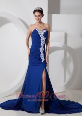 Best Best Peacock Blue Chiffon Sweetheart Prom Dress with Appliques and Ruch