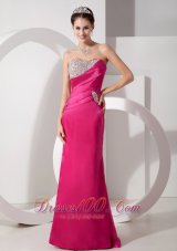 Best Vintag Hot Pink Column Sweetheart Prom Dress Satin Beading and Ruch Brush Train
