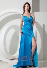 Best Low Price Sky Blue Column / Sheath Straps Beading Prom Dress Brush / Sweep Taffeta