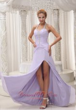 Best Beaded Decorate Halter Ruched Bodice Lilac High Slit Prom / Evening Dress Chiffon