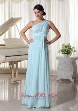 Best One Shoulder Chiffon Beaded Prom Dress For Custom Made Light Blue