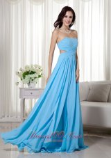 Best Aqua Blue Empire Sweetheart Brush Train Chiffon Beading Prom Dress