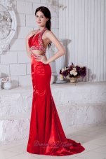 Best Sexy Red Mermaid Prom / Evening Dress Halter Brush Train Taffeta Beading