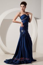 Best Beautiful Navy Blue Mermaid Prom Dress Sweetheart Brush Train Taffeta Beading