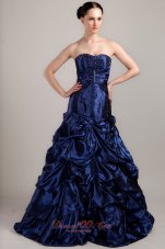 Best Navy Blue A-line Sweetheart Brush Train Taffeta Pick-ups Prom Dress