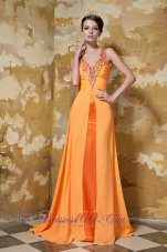 Best Orange Column V-neck Brush Train Chiffon Beading Prom Dress