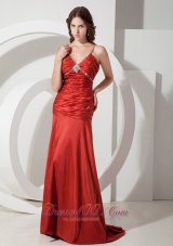 On Sale Custom Made Red Column / Sheath Straps Ruched Evening Dress Brush / Sweep Taffeta