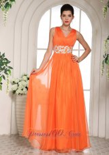 On Sale Orange Red V-neck Ruched Decorate Bust and Beading Popular Prom Celebrity Dress