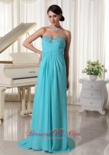 On Sale Aqua Blue Ruch Sweetheart Beaded Prom Dress With Brush Train Chiffon