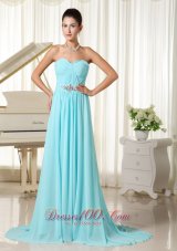On Sale Aqua Blue Ruches Bodice Elegant Prom Dress Chiffon Brush Train For Customer Made