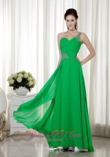 On Sale Green Empire One Shoulder Floor-length Chiffon Beading Prom Dress