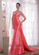 On Sale Watermelon Column / Sheath Straps Watteau Train Beading Elastic Woven Satin Prom / Party Dress