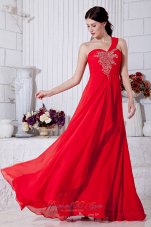 On Sale Red Empire One Shoulder Prom / Evening Dress Chiffon Beading Floor-length