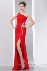 On Sale Cheap Red Prom Dress Column One Shoulder Beading Floor-length Chiffon