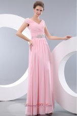 On Sale Sweet Baby Pink Prom / Evening Dress Empire V-neck Floor-length Chiffon Beading