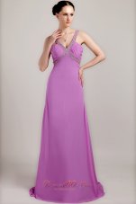 On Sale Lavender Column / Sheath V-neck Brush Train Chiffon Beading and Ruch Prom Dress