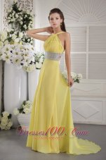 On Sale Yellow Empire Halter Brush Train Chiffon Beading and Ruch Prom / Graduation Dress