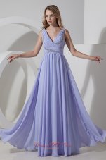 On Sale Lilac Empire V-neck Floor-length Chiffon Beading Prom Dress