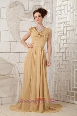 On Sale Classical Champagne Empire V-neck Evening Dress Chiffon Beading Brush Train