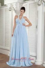 On Sale Popular Baby Blue Empire Halter Prom Dress Chiffon Beading Brush Train