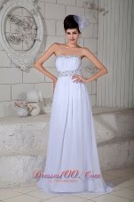 On Sale White Empire Wedding Dress Strapless Brush Train Chiffon Beading