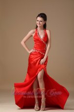 On Sale Red Column Halter Brush Train Taffeta Beading Prom Dress