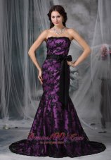 2013 Black and Purple Mermaid Strapless Court Train Sash Taffeta and Lace Prom Dress