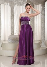 2013 Wholesale Elastic Woven Satin Eggplant Purple Beaded Evening Dress With High Slit