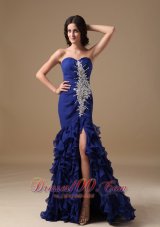 2013 Blue Mermaid Sweetheart Brush Train Chiffon Beading Prom Dress