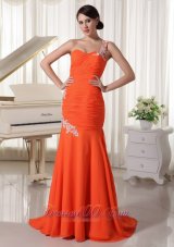 2013 Appliques One Shoulder Chiffon Orange Red Sheath Prom Dress For Formal Evening Brush Train