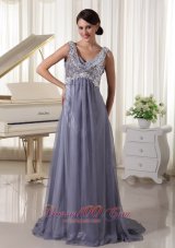 2013 Grey Sequins V-neck Brush Train Evening / Prom Dress For Prom Party