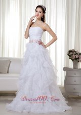 2013 White A-line / Princess Stapless Brush Train Organza Beading Prom Dress