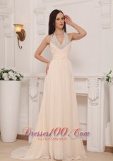 2013 Champagne Empire Halter Brush Train Chiffon Beading Prom / Pageant Dress