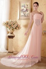 2013 Baby Pink Empire Straps Court Train Chiffon Beading and Ruch Prom / Graduation Dress