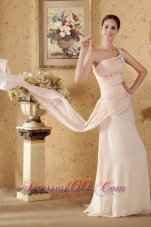 2013 Baby Pink Column One Shoulder Watteau Train Chiffon Beading and Ruch Prom / Graduation Dress