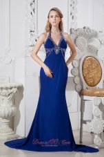 2013 Blue Column Prom Dress Halter Chapel Train Elastic Woven Satin Beading